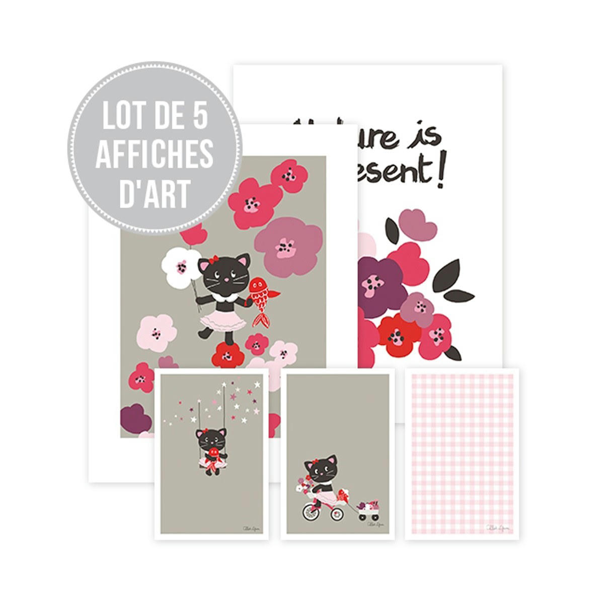 MILLY - Lot 5 affiches Milly le chat en Papier Rose