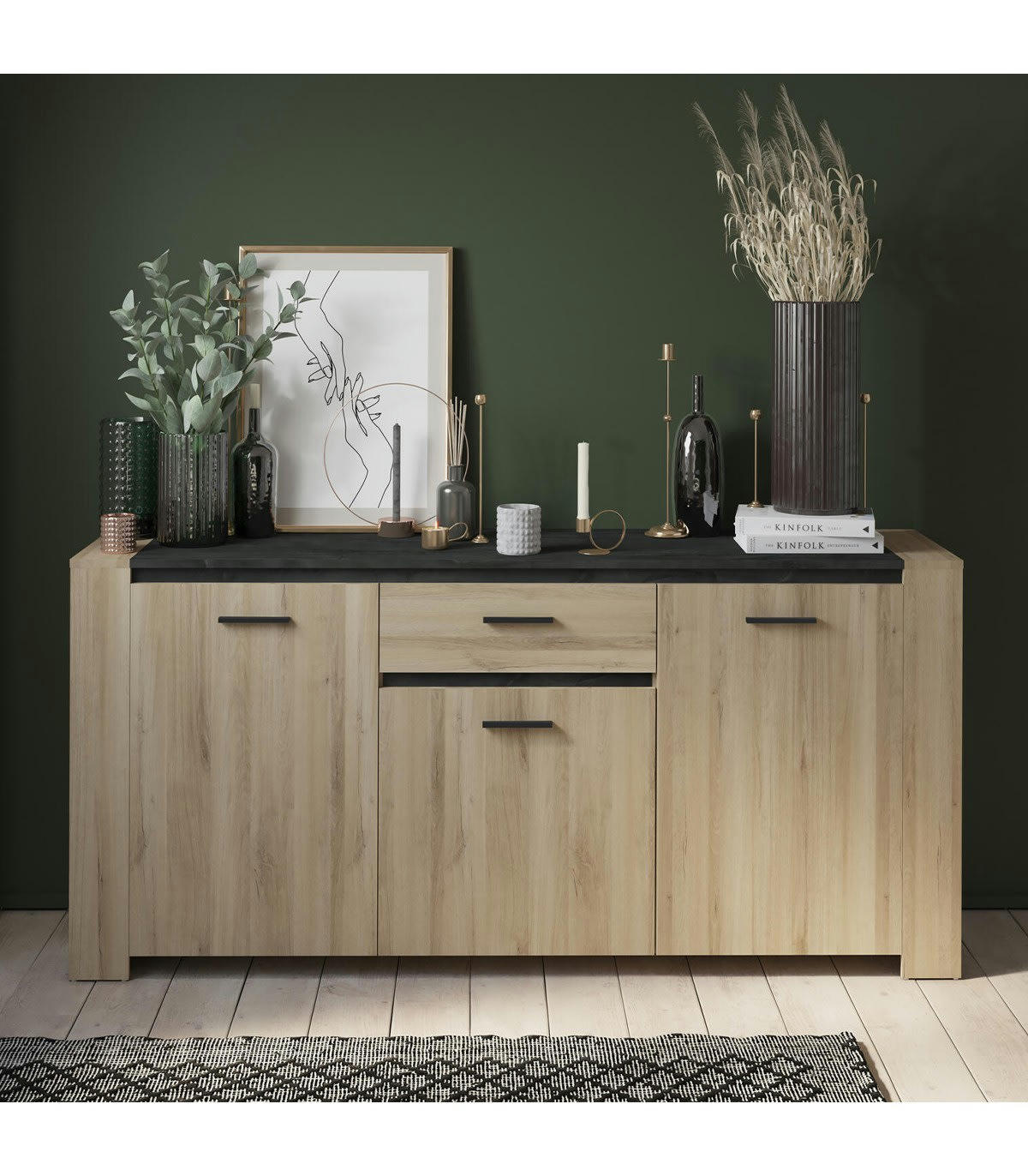 SHIEFFIELD - Buffet Bas 3 Portes et 1 Tiroir L189,4 cm - Décor Chêne et Ardoise
