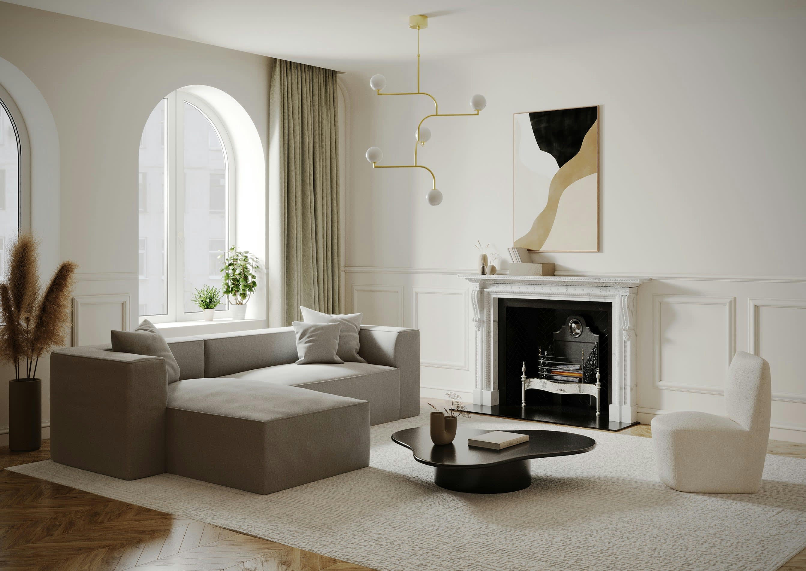 ALMA - Canapé d'angle gauche tissu tramé taupe