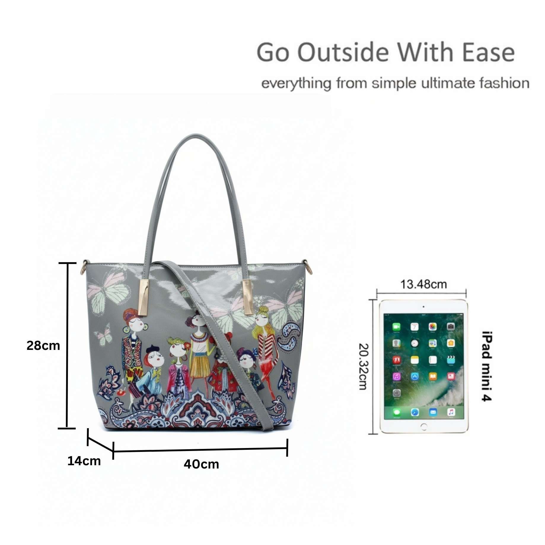 Kitise Printed Dolls Glossy Patent Pu Leather Tote Bag