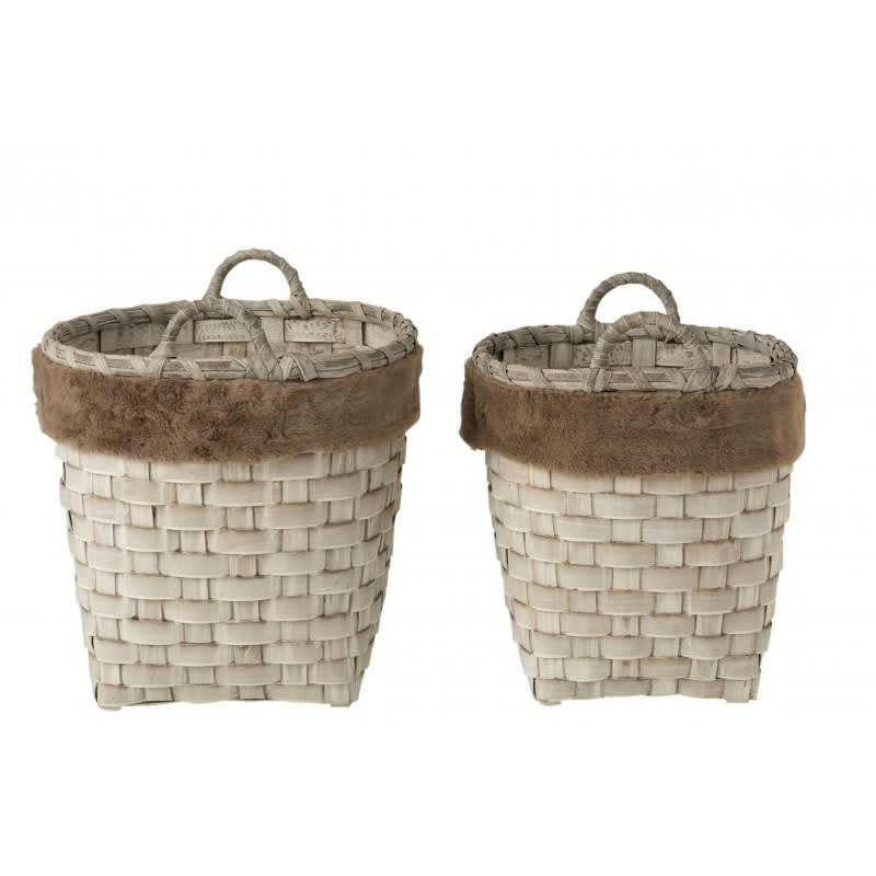 FOURRURE - Paniers ronds anses imitation fourrure rotin - Lot de 2