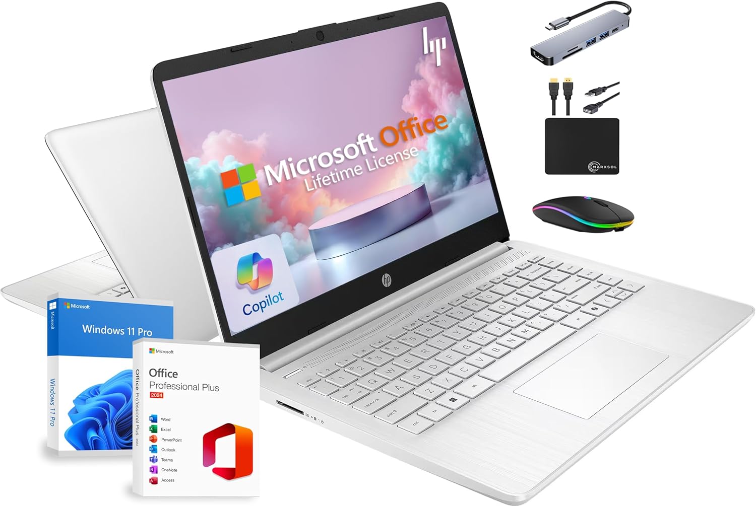 HP 14 Laptop 2025 Business Student Slim Computer, Lifetime MS Office, Copilot AI, Quad-Core Intel CPU, 16GB RAM, 628GB Storage (128GB UFS+500GB Ext), MarxsolAccessory, Wi-Fi 6, Win 11 Pro, Silver