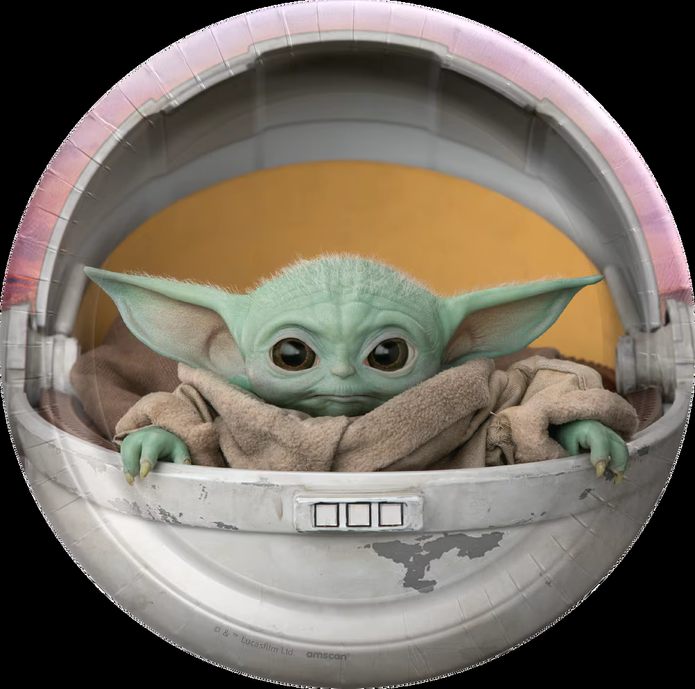 Disney Star Wars The Mandalorian Baby Yoda Round Paper Disposable Dessert Plates, Brown/Green/Yellow,7-in, 8-pk, for Birthday Party