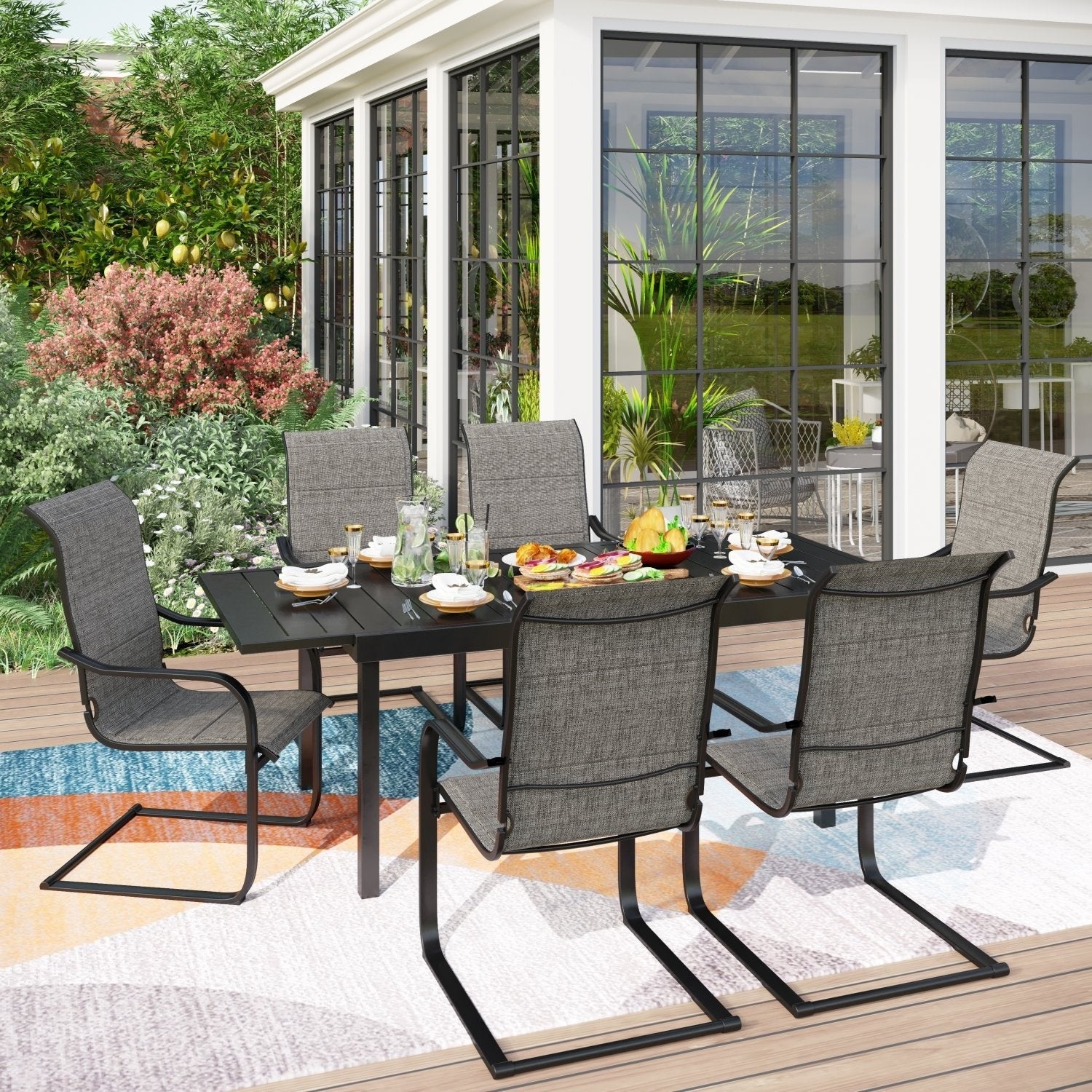 MAISON ARTS Patio Dining Set 9/7 Pieces Outdoor Metal Furniture Set, 8/6 C Spring Motion Chairs and 1 Expandable Table