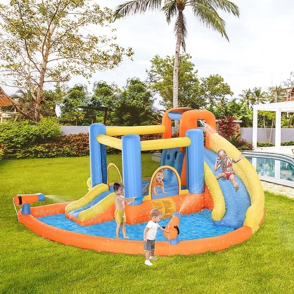 5-in-1 Kids Inflatable Bounce House Jumping Castle with Water Pool, Slide, Climbing Walls, & 2 Water Guns