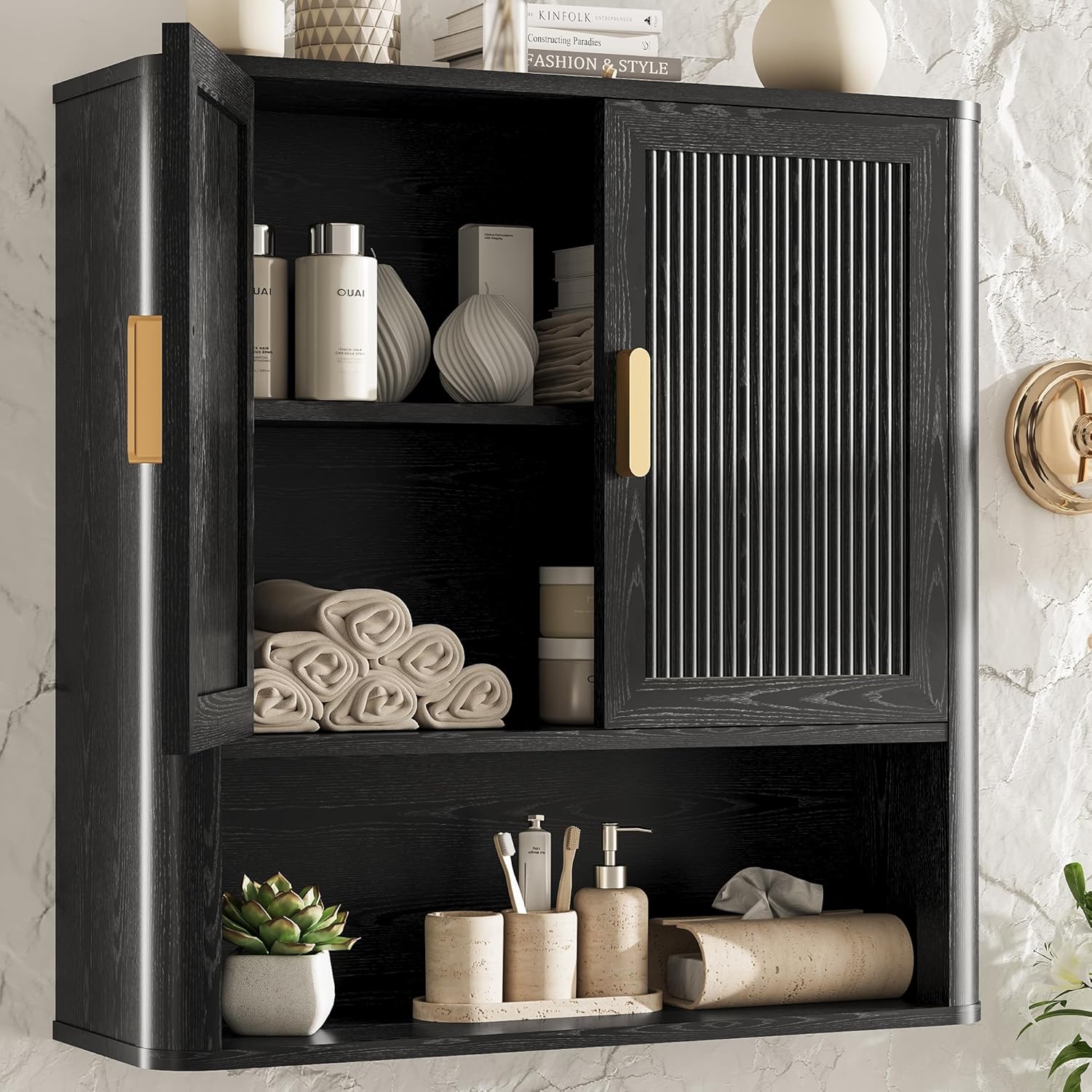INNOD Bathroom Wall Cabinet, Wall-Mounted Medicine Cabinet with Adjustable Wood Shelf & Doors, Floating Bathroom Cabinet Over Toilet for Laundry Room & Kitchen & Living Room (Black)