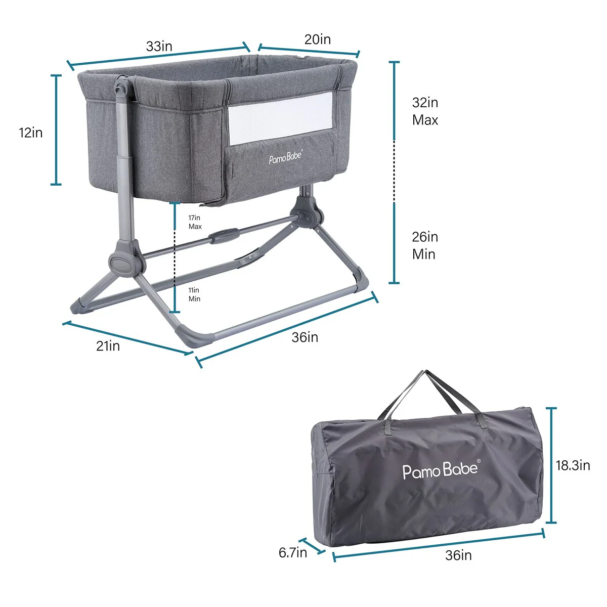 Bedside Bassinet for Baby Crib Quick One-Hand Folding Bedside Sleeper 4 Adjustable Heights Co-Sleeper