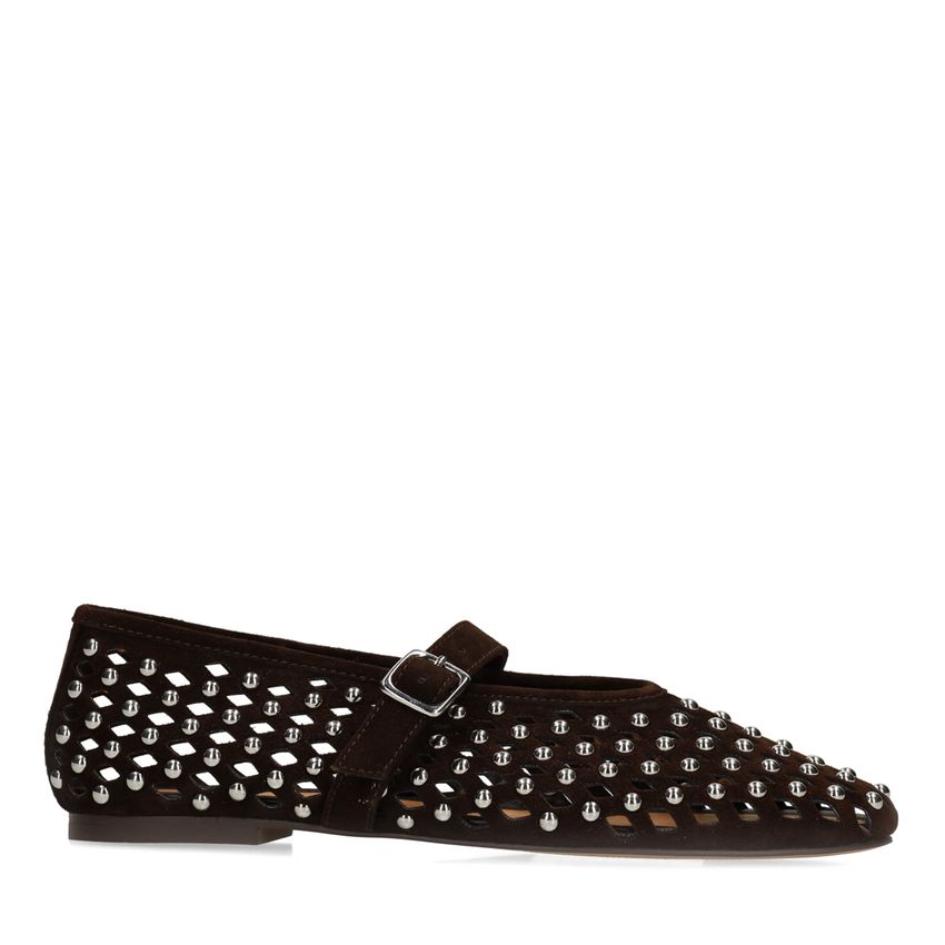 Manfield Bruine suède ballerina's met studs