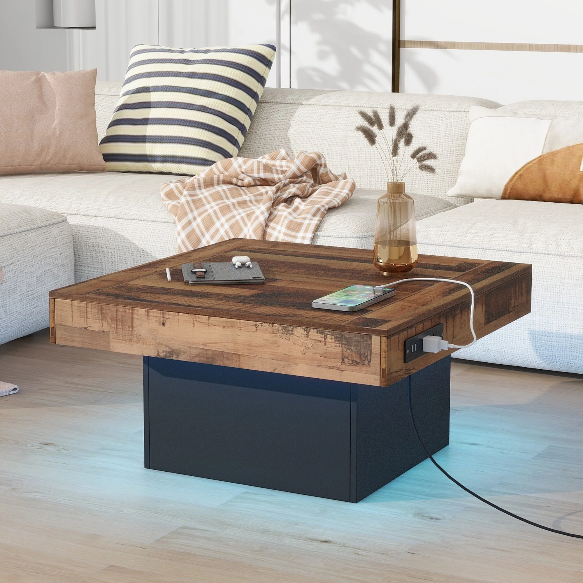 Farmhouse Coffee Table with 2 USB Ports, Outlets, Brown Spliced Wood Grain Center Table LED Square Cocktail Table