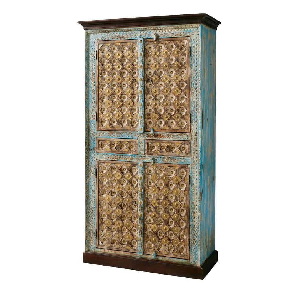 Chenoa - Armoire 4 portes 2 tiroirs en bois de manguier massif et métal