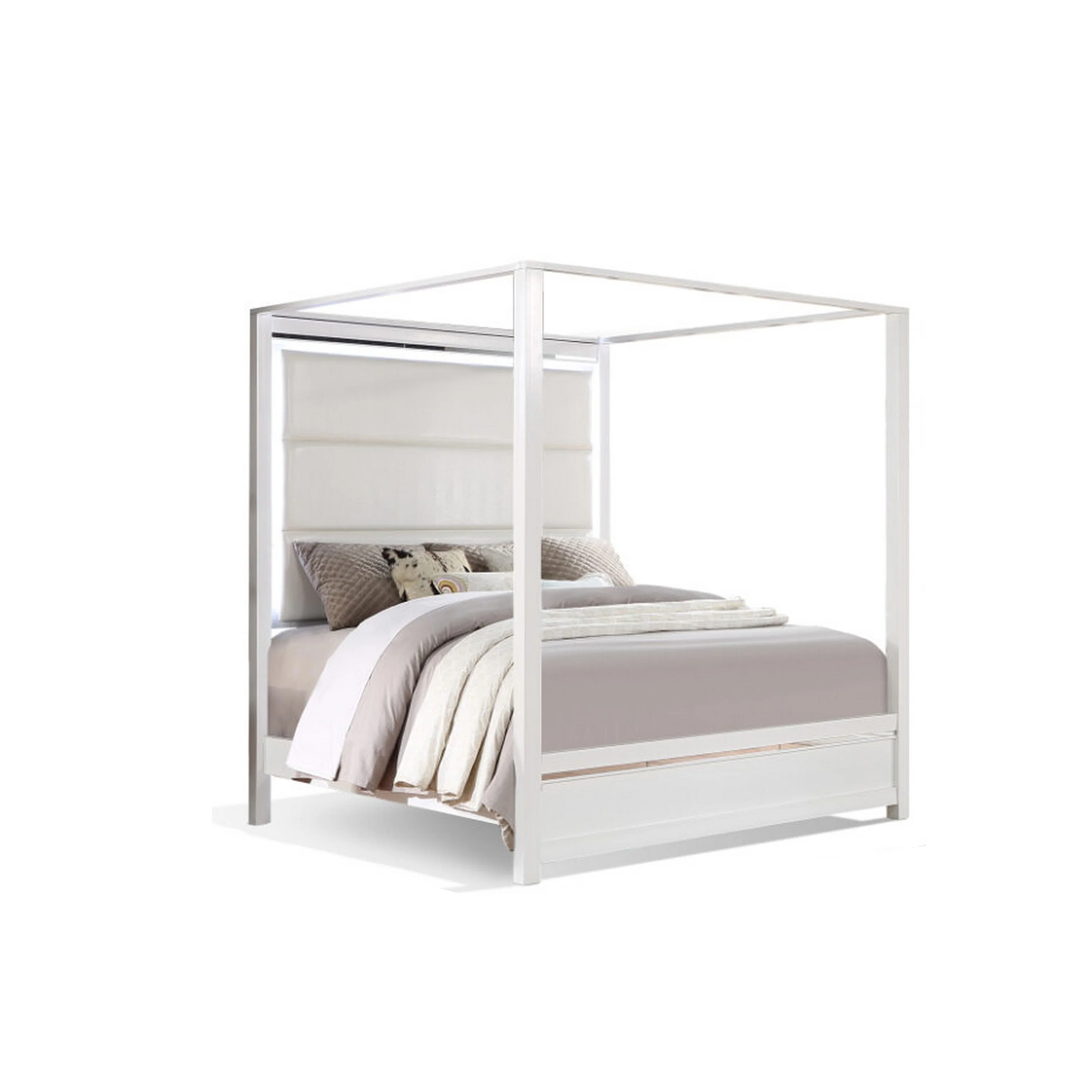 Dio 4pc Queen Canopy Bedroom Set with Nightstand, Dresser, Mirror in White