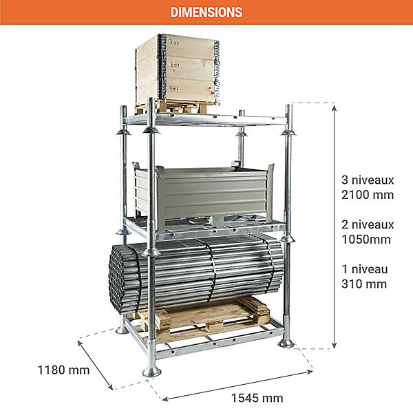 Manurack 3 niveaux - 1 palette par niveau - Charge max 1500kg/niveau - RACKBASE-3