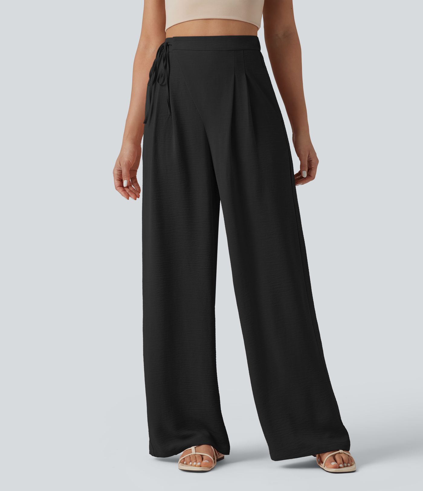 Pantalon détente effet lin taille haute, cordon latéral avec poches