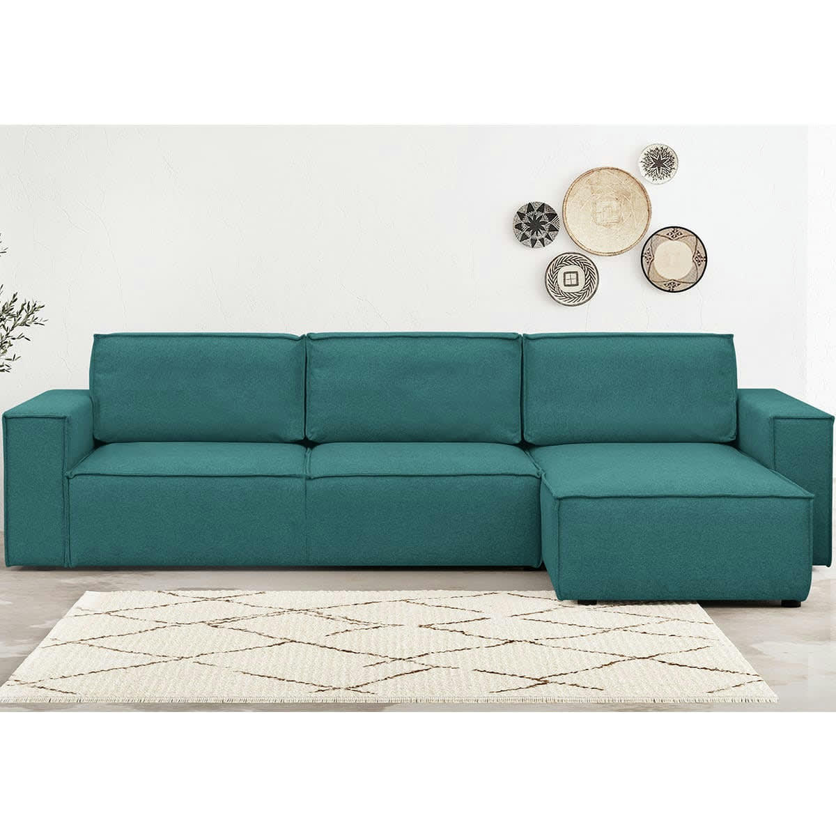 HARPER NEW - Canapé d'angle 5 places convertible + coffre, tissu bleu canard