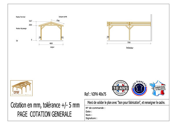 Carport adossé deux pentes 400cmx550cm bois DOUGLAS Français (Charpente en bois-auvent-abri voiture) 22m². Garantie 10 ans