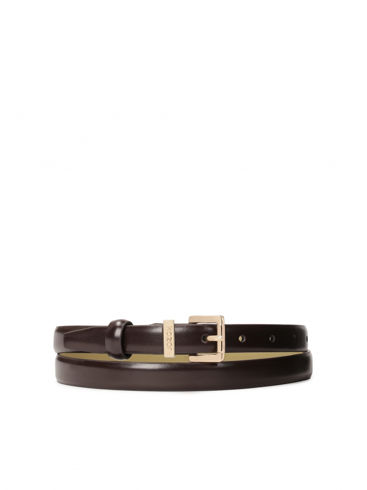 Leather narrow belt in dark brown color