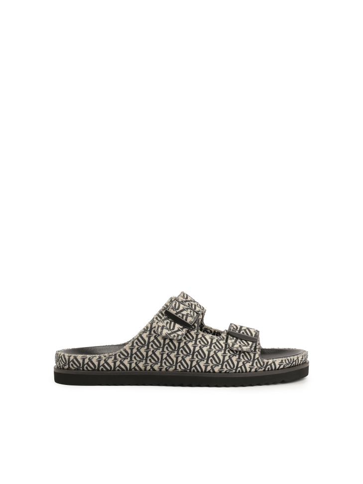 Slides made of fabric with a logo pattern