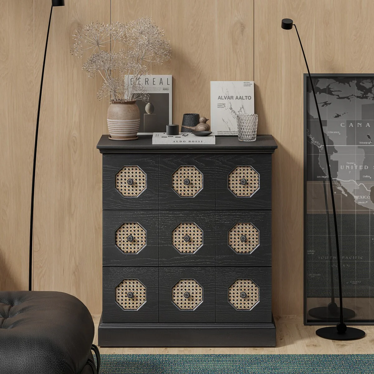 COZAYH Farmhouse Rattan 3-Drawer Dresser, Fully-Assembled Retro Chest of Drawers with Octagonal Rattan Patterns, Black