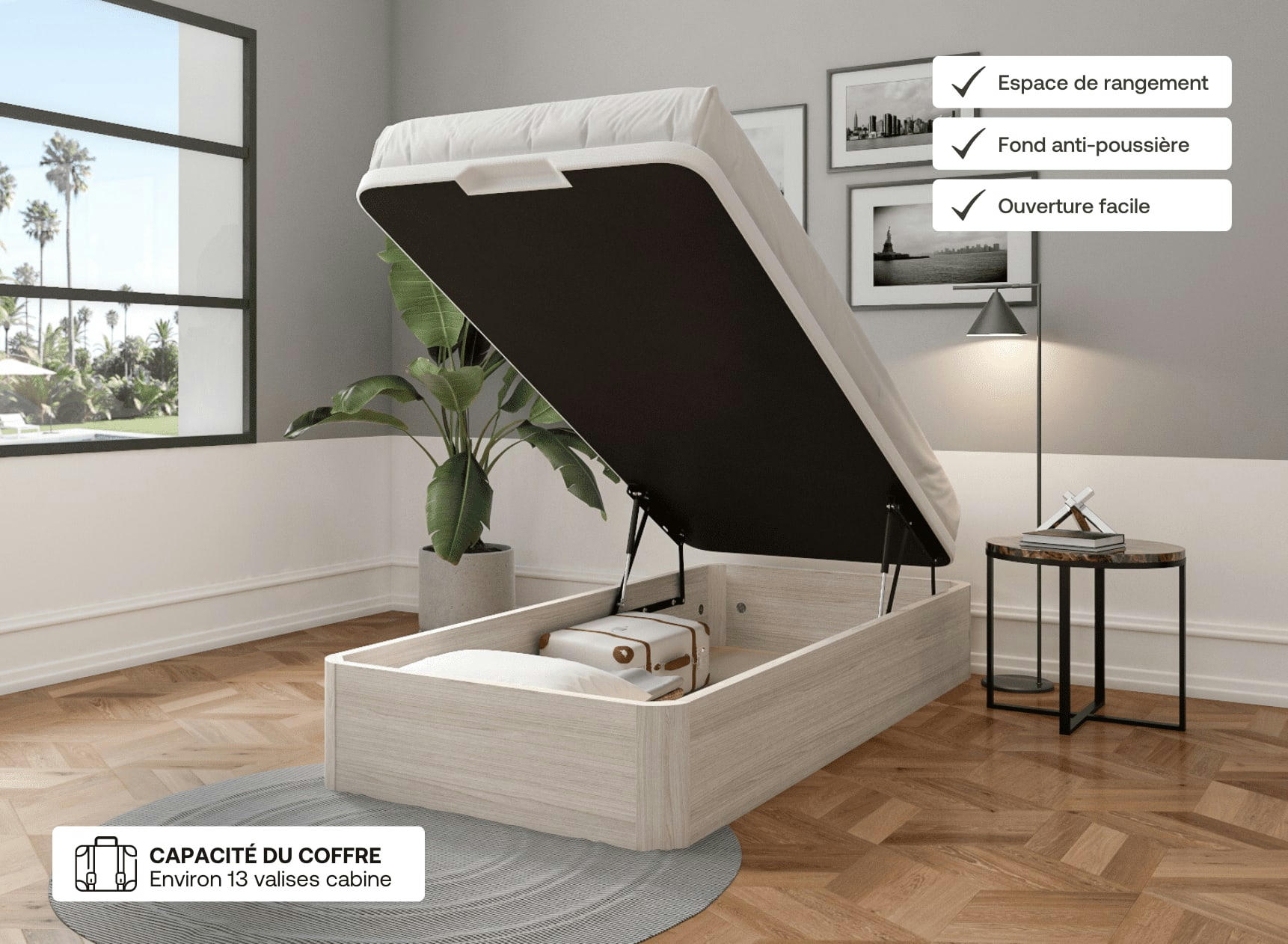 BASTIA - Lit coffre en bois 90x200 Chêne Blanchi