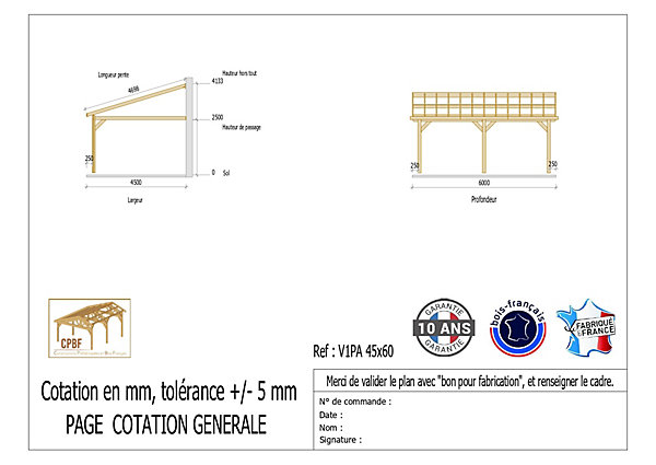 Carport adossé une pente 450cmx600cm, bois DOUGLAS Français (Charpente en bois-auvent-abri voiture) 27 m². Garantie 10 ans