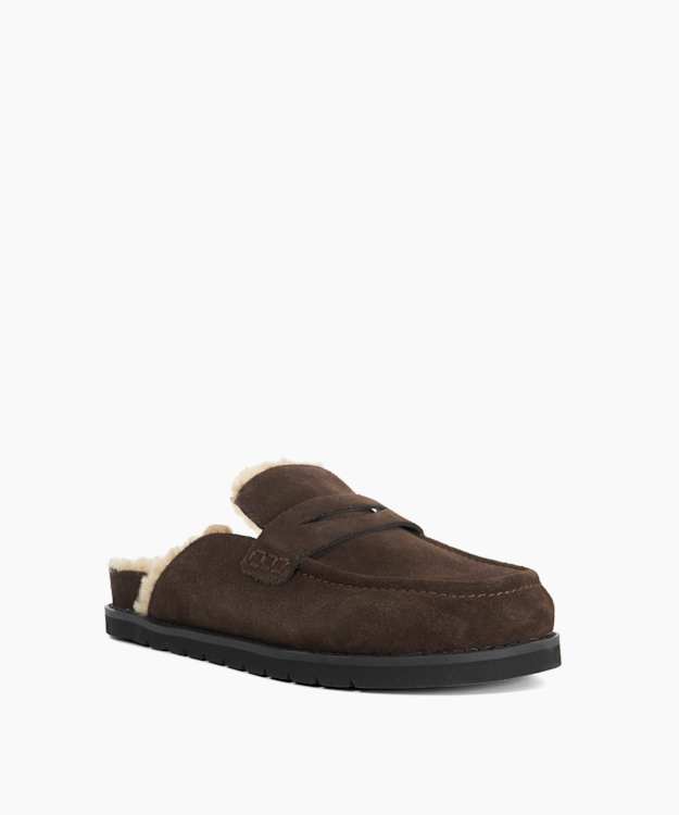 Goldy Brown - Faux Shearling Lined Backless Mule Suede Loafers