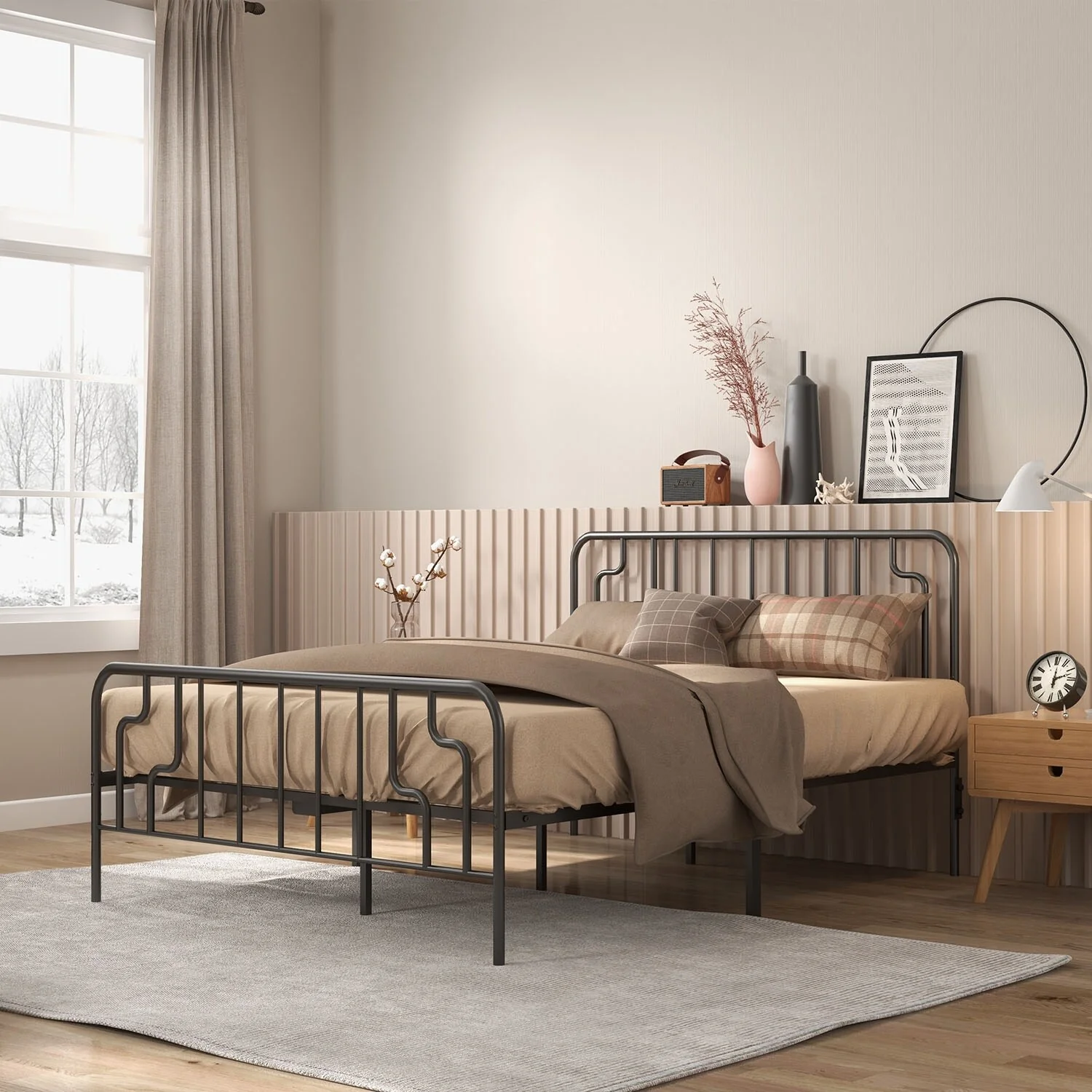 Furniwell Metal Platform Bed Frame with Headboard, Black