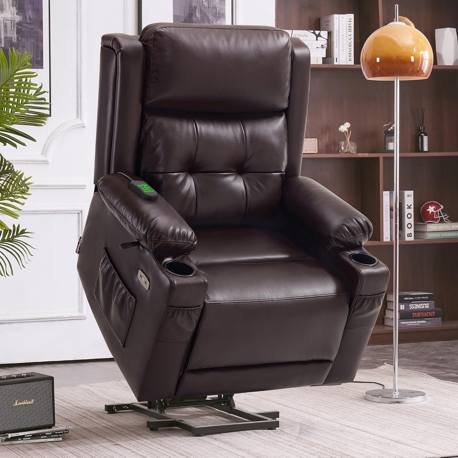 MCombo Large Triple Motor Power Lift Recliner Chair with Massage and Heat for Elderly People, Adjustable Headrest, Infinite Position, USB Ports, Faux Leather 7662 (Dark Brown, Large)