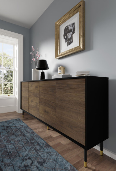 Komoda SHERWOOD 180 cm 4D czarny mat/dąb catania