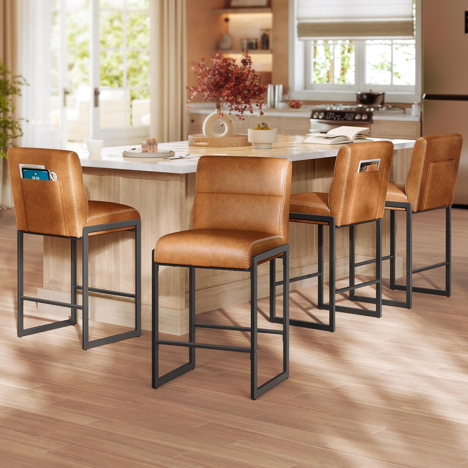 VASAGLE EKHO Collection - Bar Stools Set of 4, Counter Height Stools with Backs, 26.4-Inch Barstools Chairs, Synthetic Leather with Stitching, Mid-Century Modern, Dining Kitchen Island, Caramel Brown