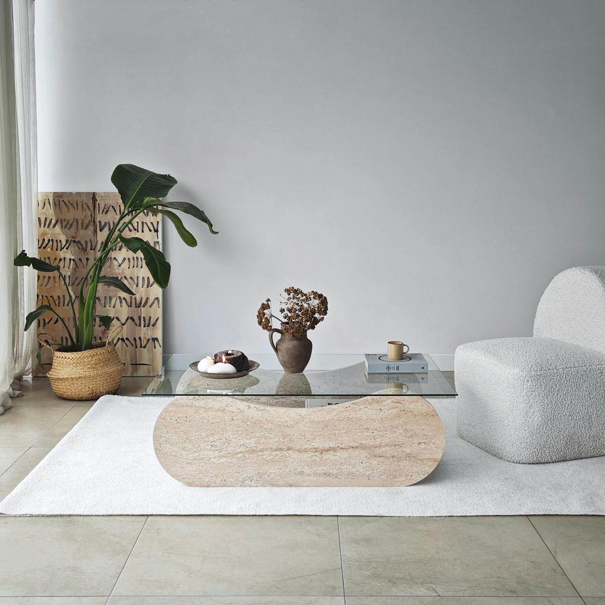 Table basse verre base luge effet travertin avec niche SALTA