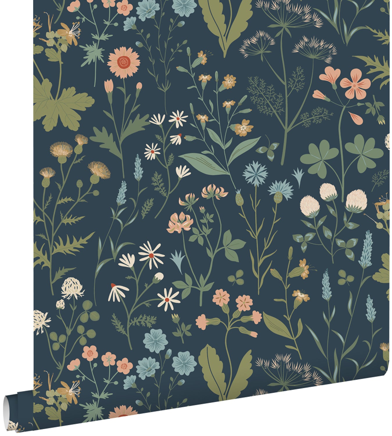 ESTAhome behang veldbloemen donkerblauw, groen en roze - 53 cm x 10.05 m - 139698