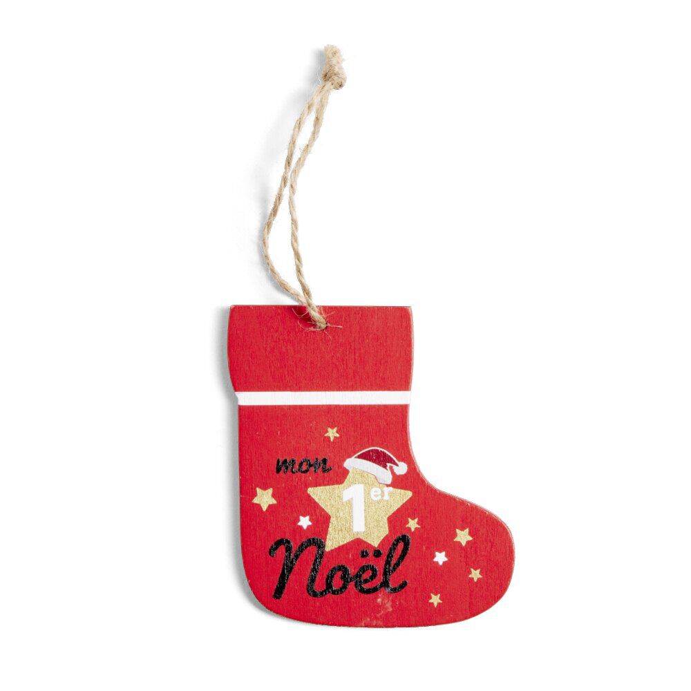 Chaussette de No&euml;l en bois à suspendre "Mon 1er No&euml;l" 8,5x9,5cm