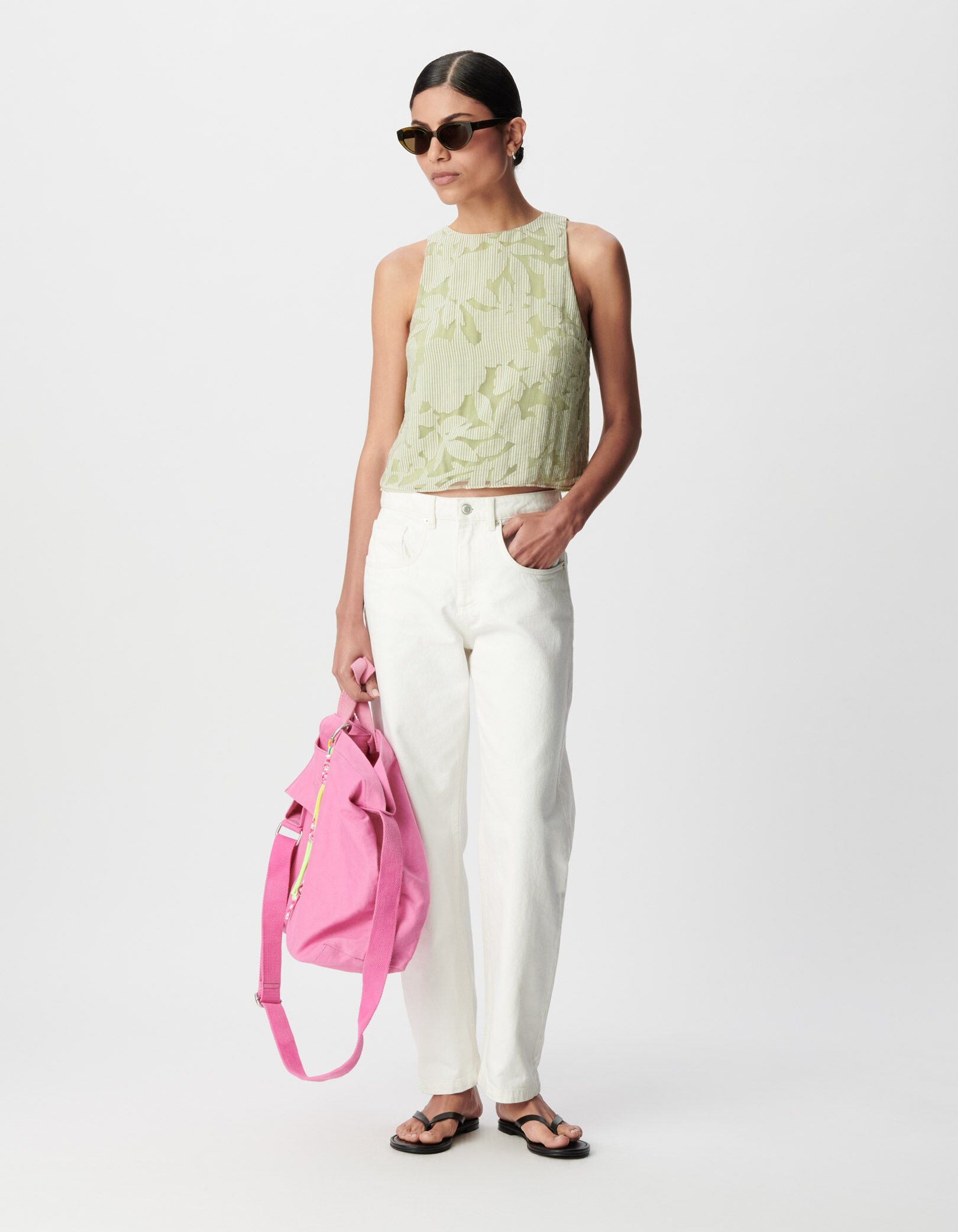 Top sans manches vert motif floral rayé Femme