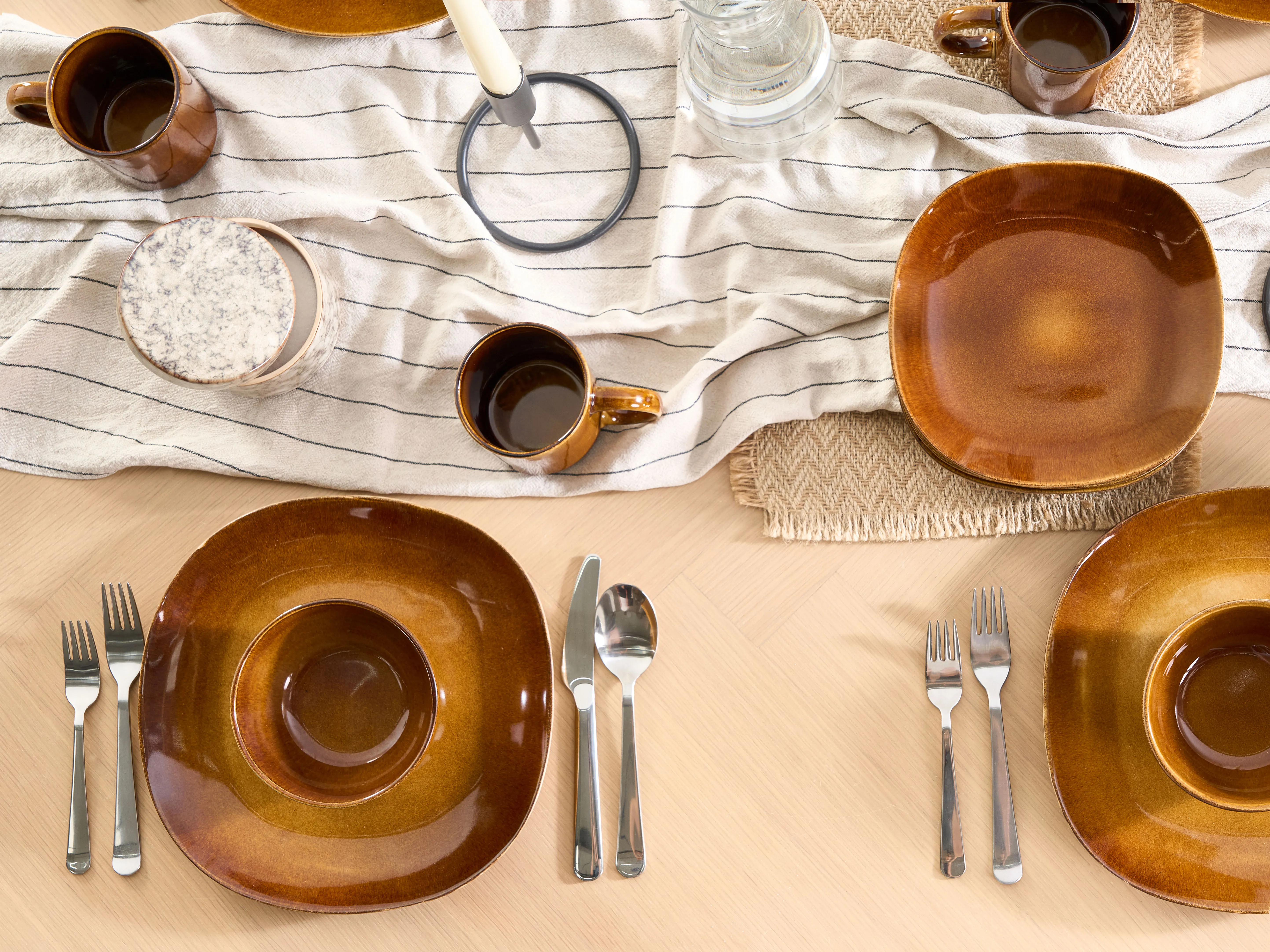 Set of 16 Dinnerware TURMERIC Stoneware Golden Brown