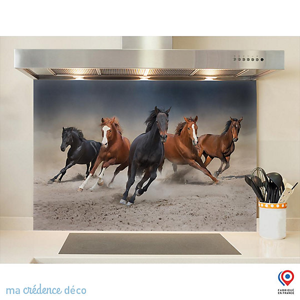 Crédence cuisine fond de hotte Chevaux - Verre trempé - L 90 cm x H 60 cm - MaCrédenceDéco