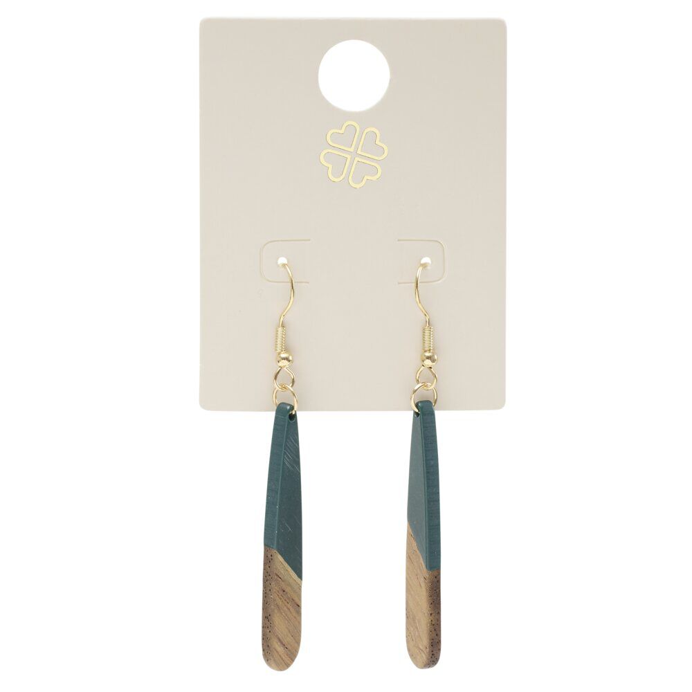 Boucles d'oreilles métal et bois forme goutte longue marron et vert L6cm
