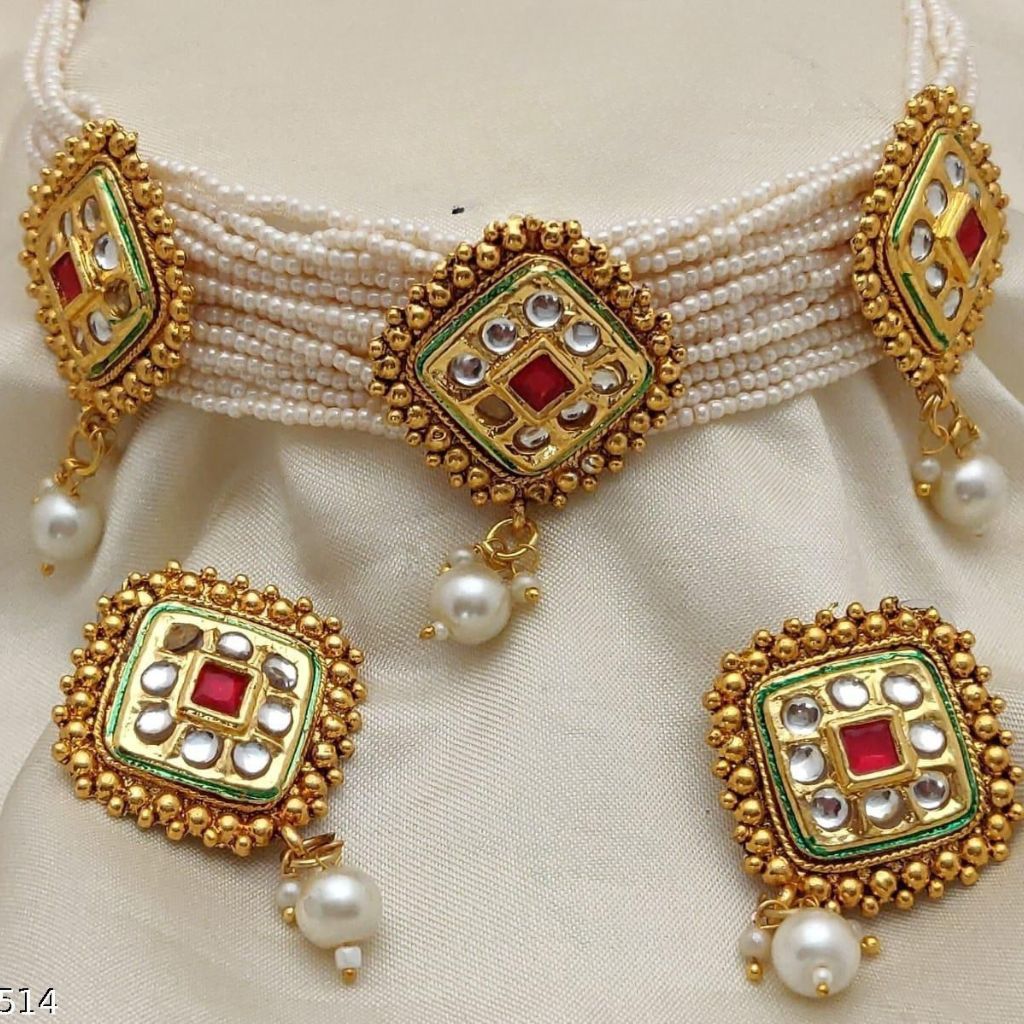 The Colourful Aura Traditional Ethnic Multi Strand White Pearl Dangle Diana Choker