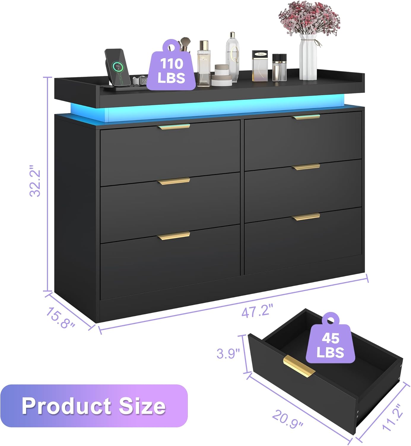 6 Drawer Dresser for Bedroom, Black Dresser with LED Lights and Power Outlet, Wooden Dressers Chests of Drawers, Double Wide Dressers for Bedroom, Entryway, Hallway