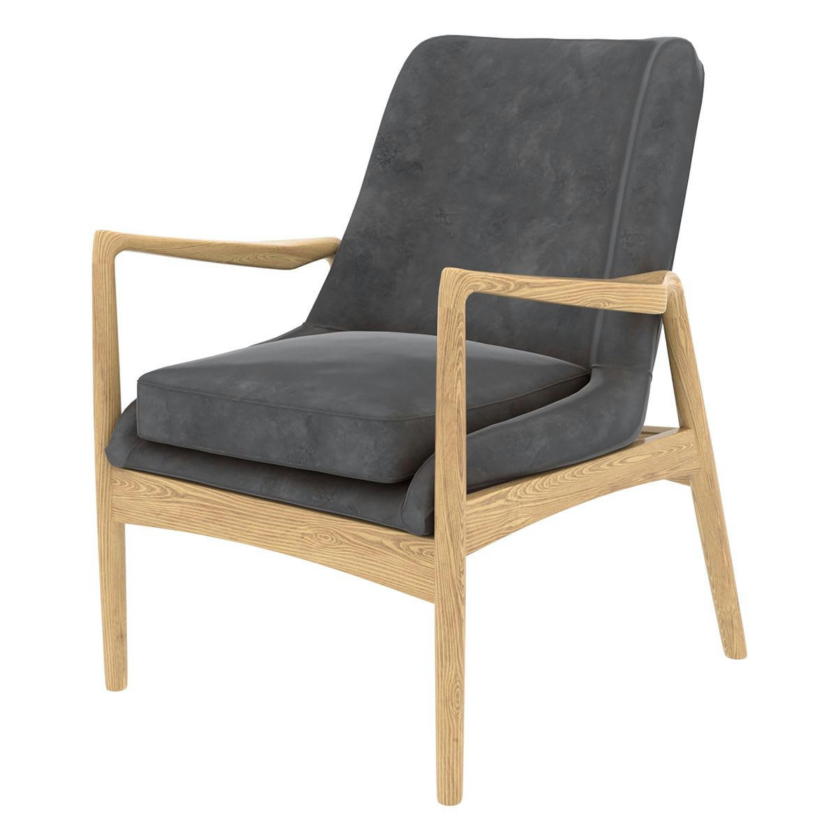 NACHO - Fauteuil velours gris pieds frêne naturel