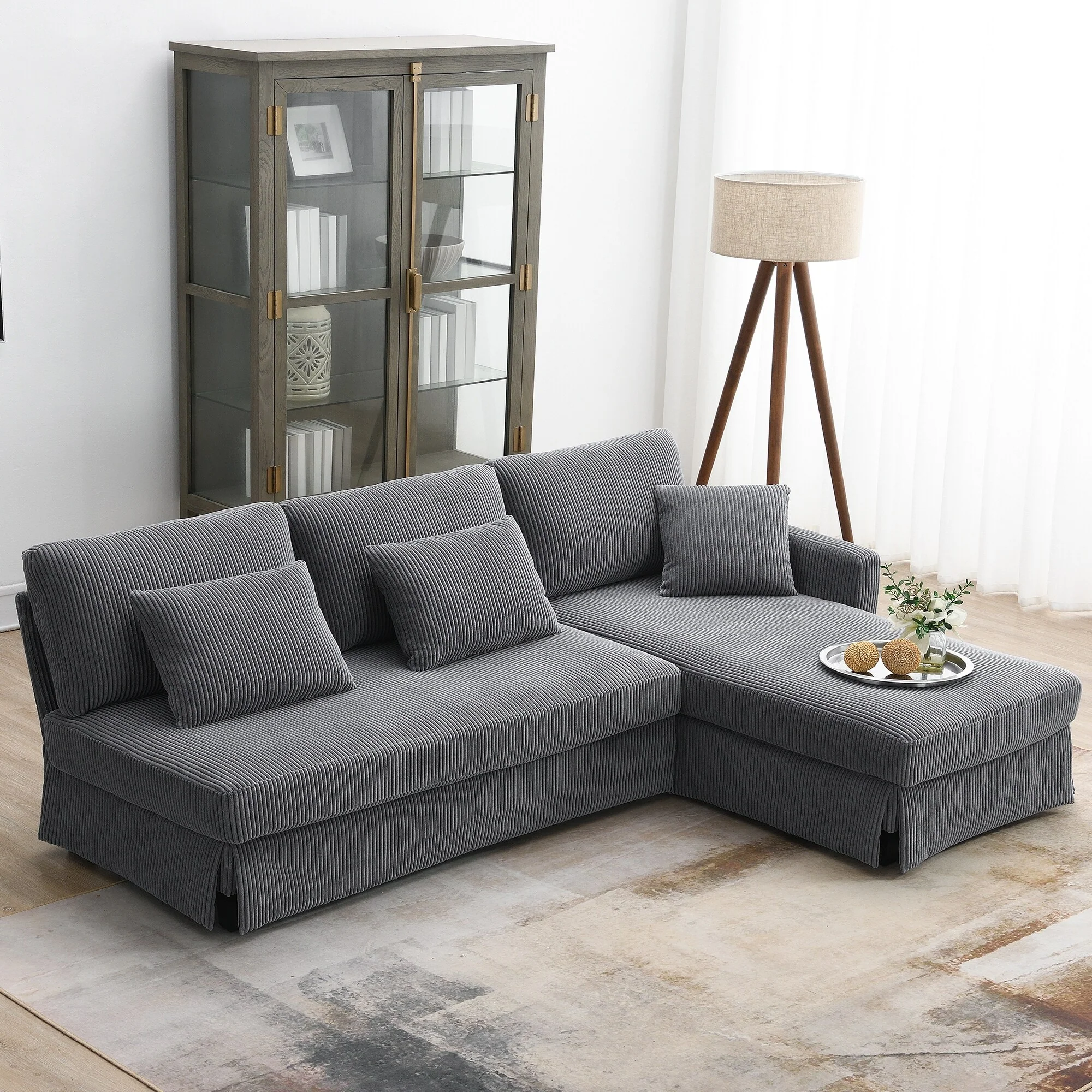 Modern L Shaped Sofa with Reversible Chaise and Skirted Corduroy for Cozy Living Rooms or Apartments