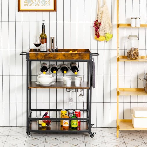 NNECW Kitchen Cart with Removable Top Tray & Wine Rack & Glass Holder