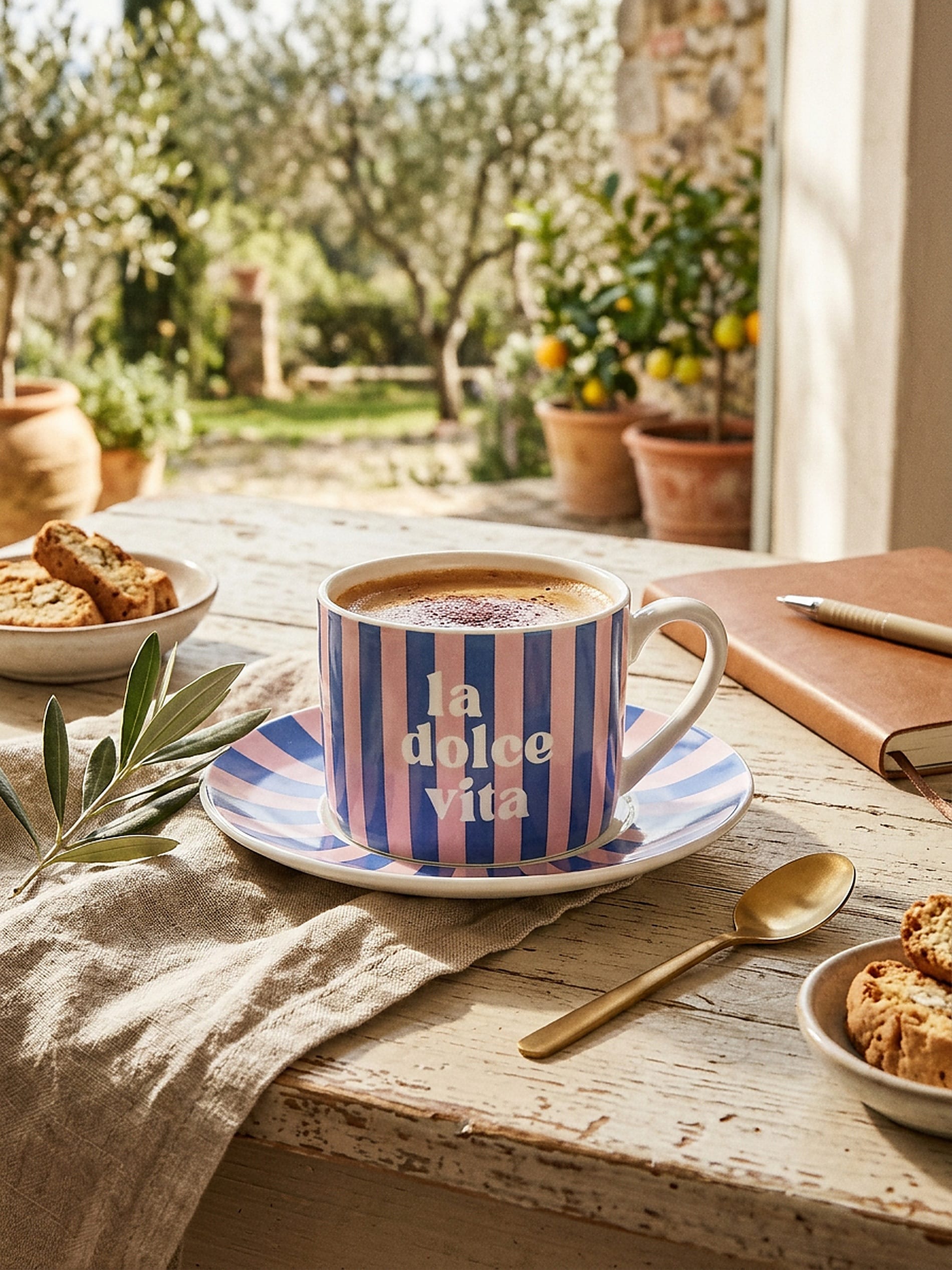 Ceramiczna filiżanka i spodek w paski z napisem