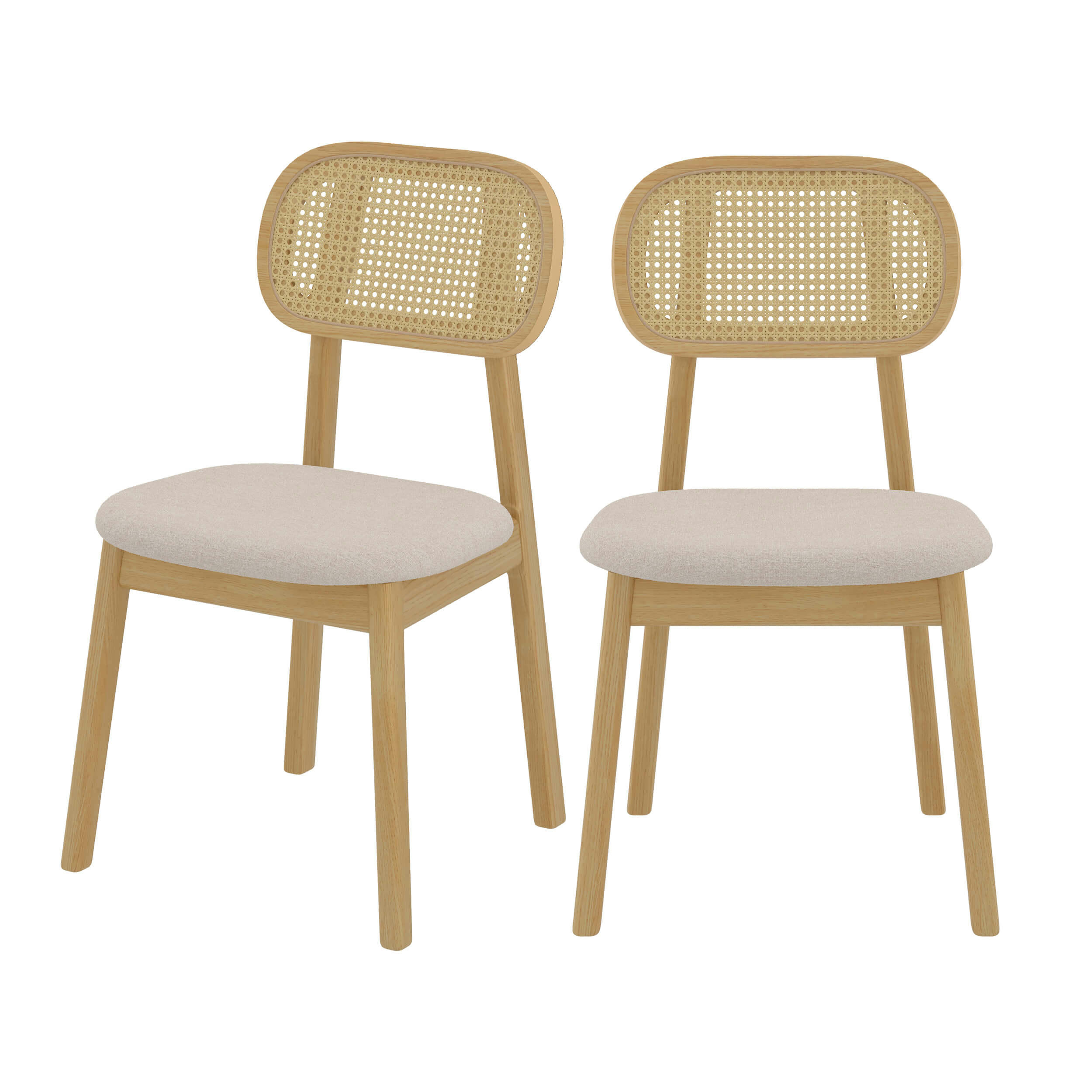 MARIA - Chaise en bois clair, tissu beige et rotin (lot de 2)