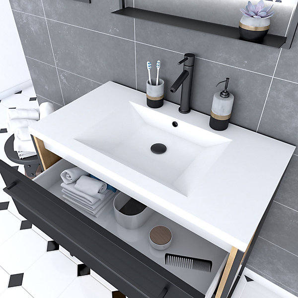 Meuble salle de bain 80x50cm - vasque blanche 80x50 cm - 2 tiroirs noir mat   miroir LED