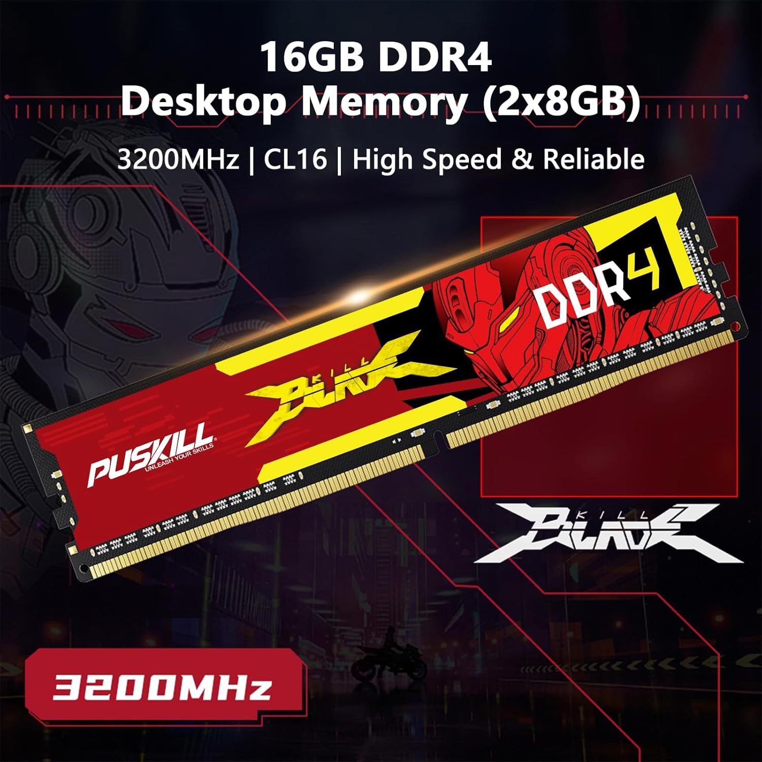 PUSKILL DDR4 RAM 16GB Kit (2x8GB) 3200MHz PC4-25600 CL16 Desktop Memory - 1.35V UDIMM Low Latency, Intel XMP 2.0 Ready for Gaming PC, Compatible with Intel & AMD