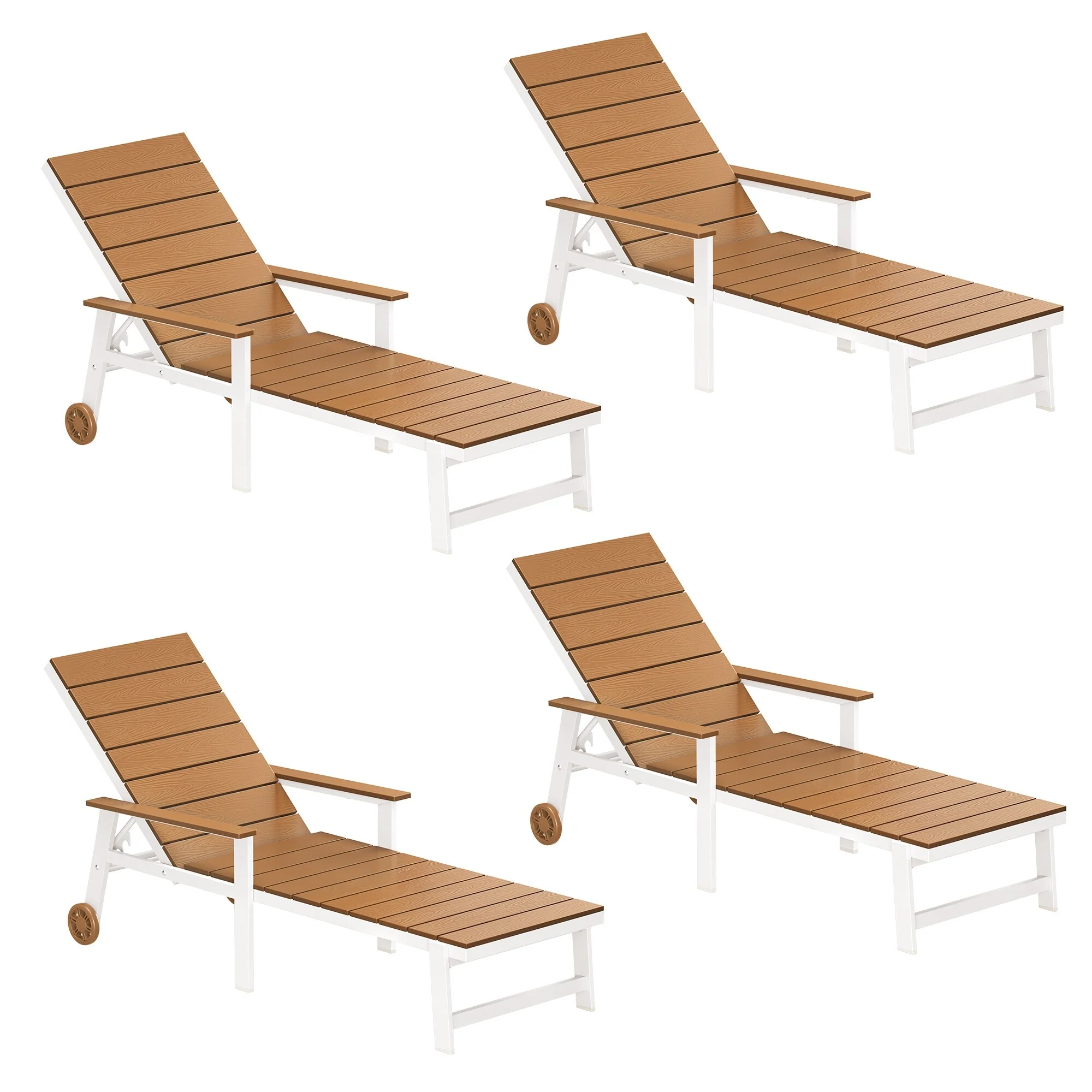 Set of 4 Outdoor Lounge Chair with HDPE Slats, Adjustable Positions & Wheels — All-Weather Aluminum Frame