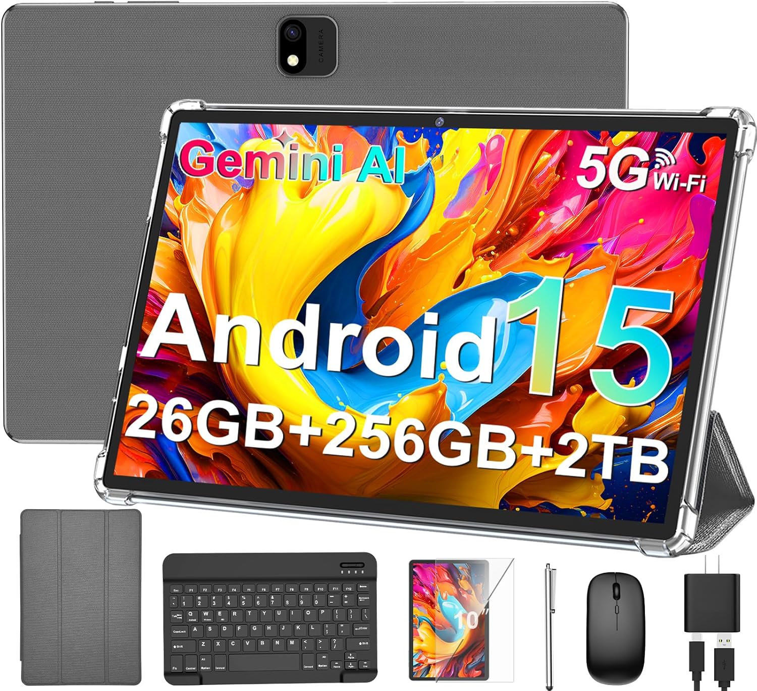 Android Tablet with Keyboard, 2026 Android 15 Tablet 10 inch, 26GB+256GB+2TB Expand, Electronic Tablet PC with Gemini, 8-Core, 8000mAh, 5G WiFi, GMS, 2 in 1 Tablet with Case/Mouse/Stylus(Silver Case)