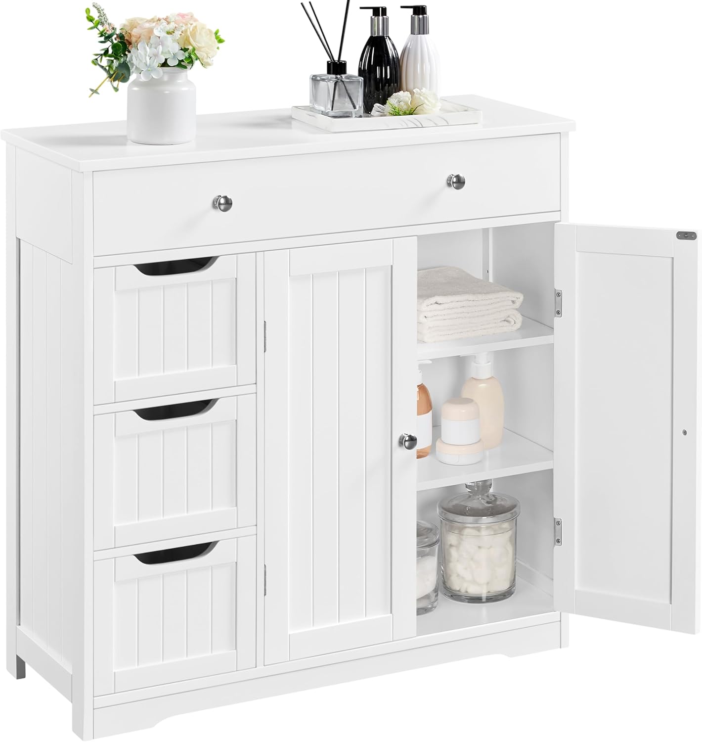 Topeakmart Bathroom Free-Standing Floor Cabinet, Practical Storage Cabinet with 4 Drawers and 2 Doors for Kitchen, Entrance Area, Living Room, Adjustable Shelves, Ample Space White