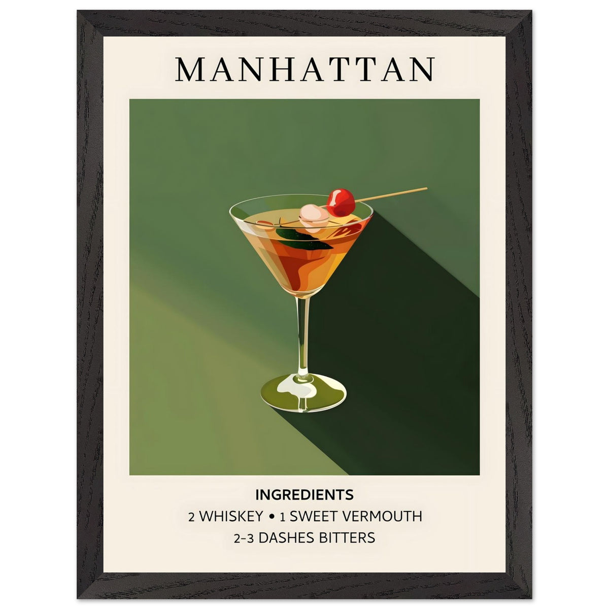 Artfulprints Poster met Lijst Manhattan cocktail - Ingrediënten  - 30x40 cm - Groen