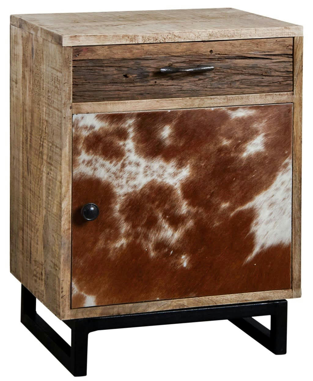 - Table de nuit en manguier et peau de vache